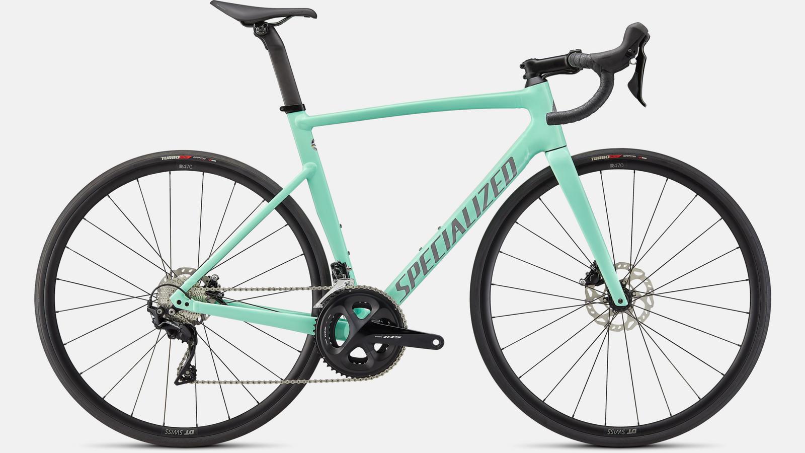 Mint green Specialized Allez Sprint Comp aluminum road bike with Shimano 105 groupset and hydraulic disc brakes.
