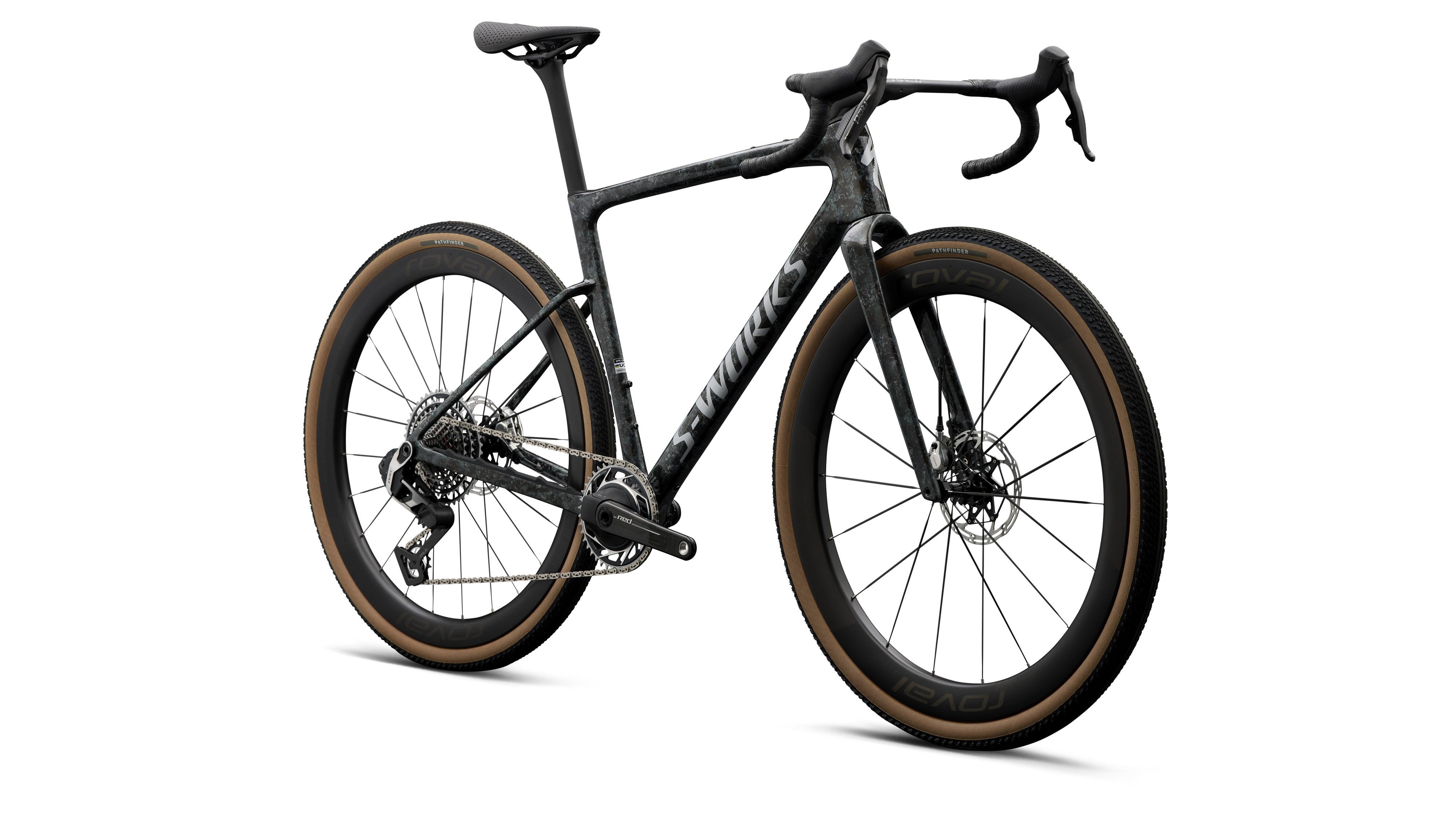 The 2026 S-Works Crux 5: 789 g frame, Roval Terra Aero wheels, SRAM Red XPLR, 55 mm-clearance Pathfinder tyres.