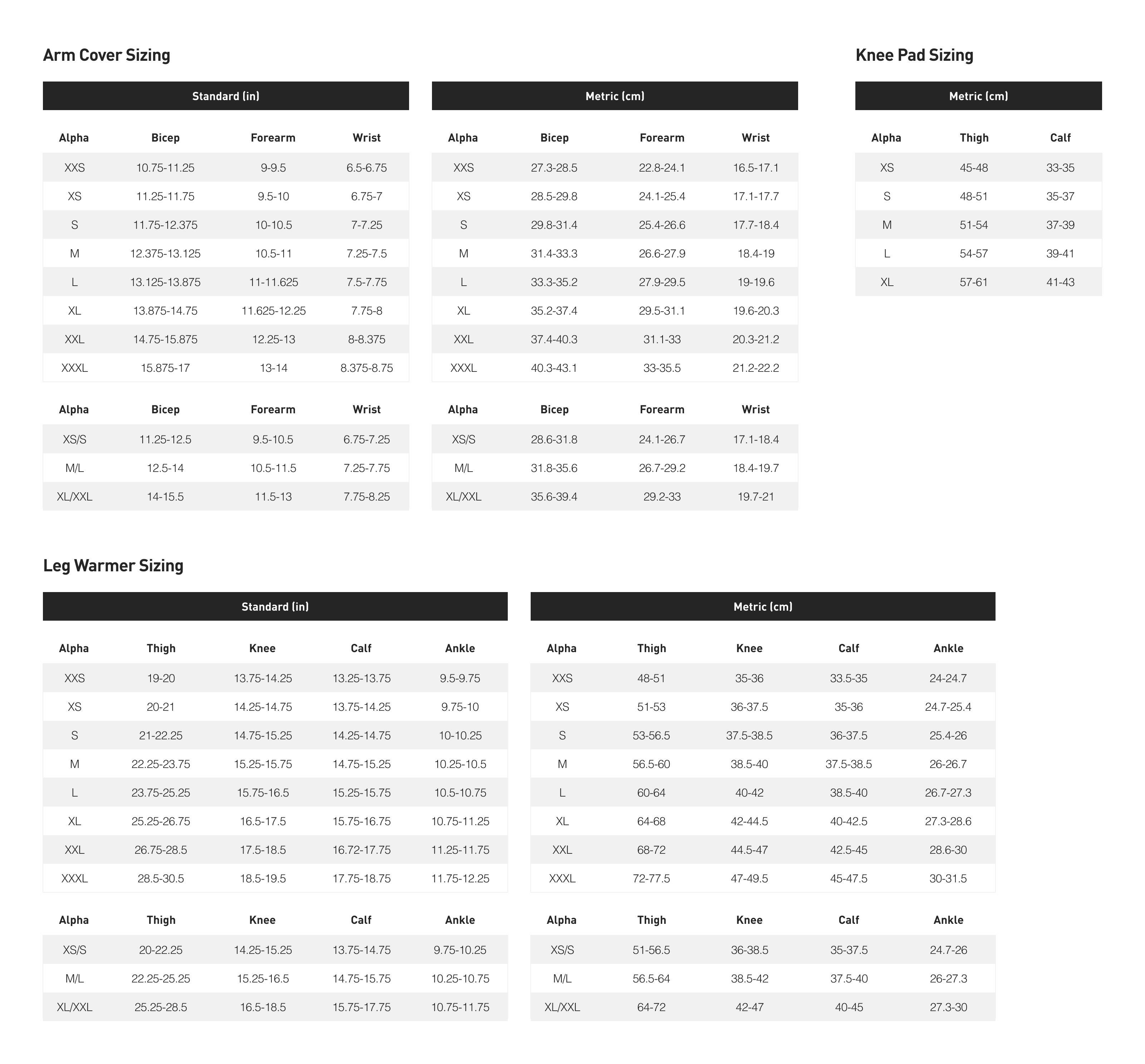 Size guide for Specialized Race Rain Arm Cover