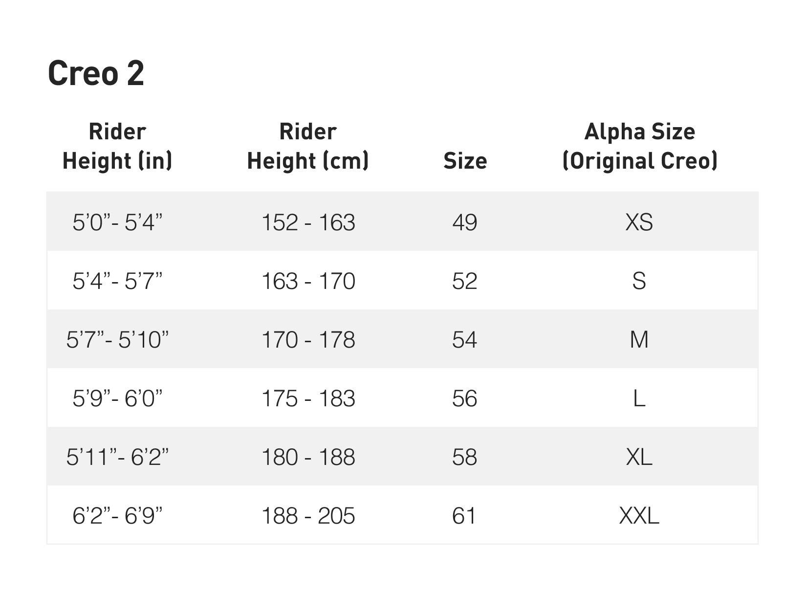 Size guide for Creo Sl S-Works Carbon