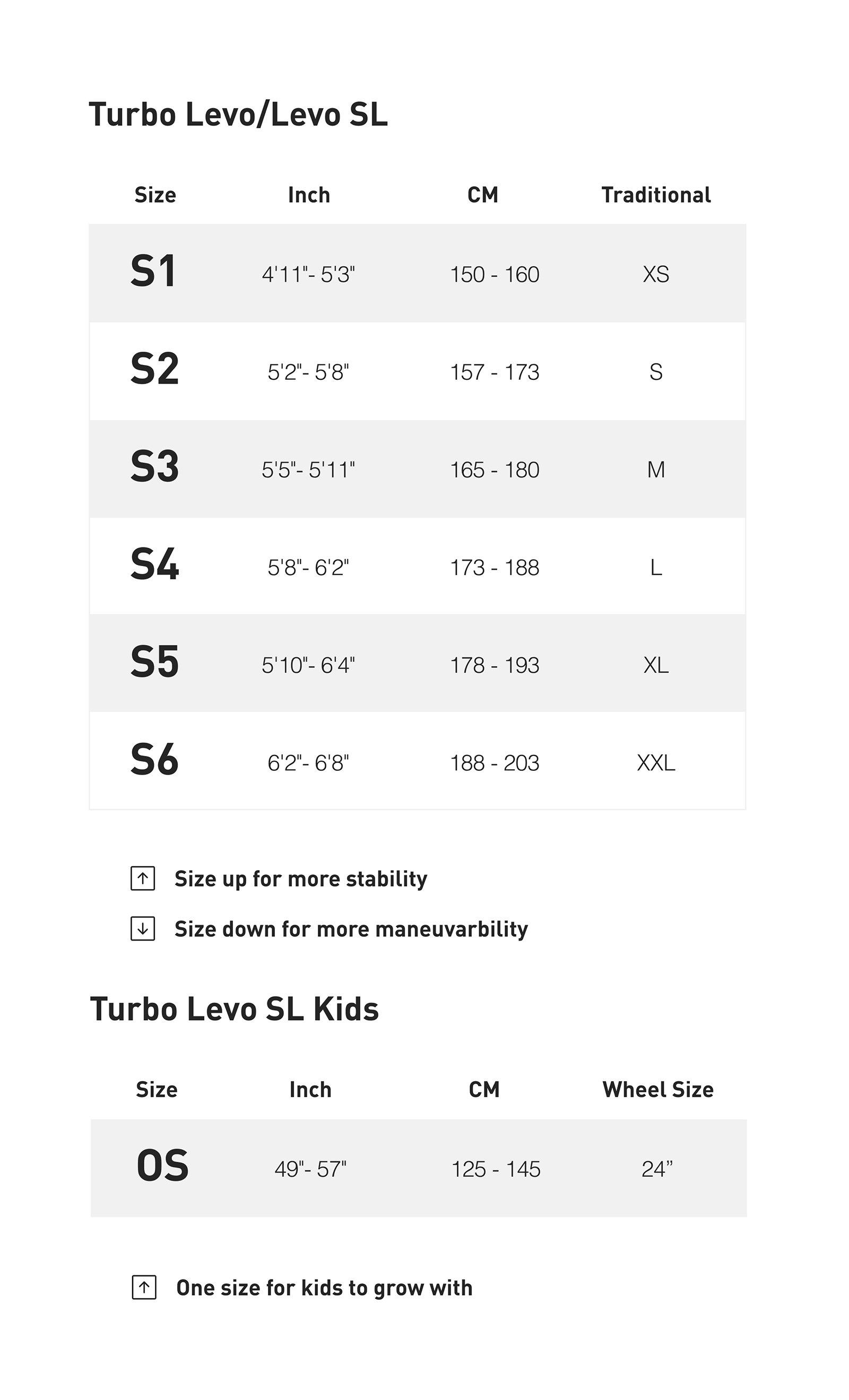 Size guide for Specialized Levo Alloy
