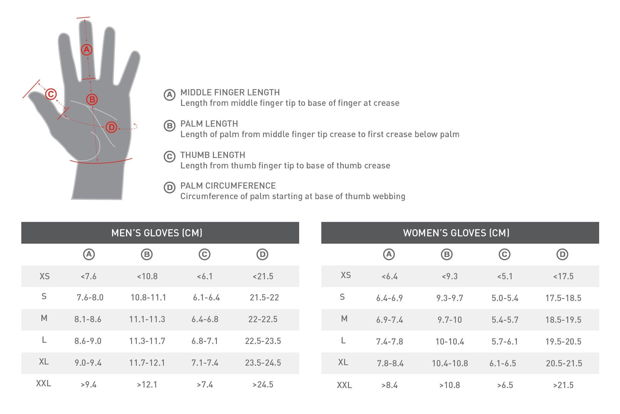Size guide for Specialized Softshell Deep Winter Lobster Glove