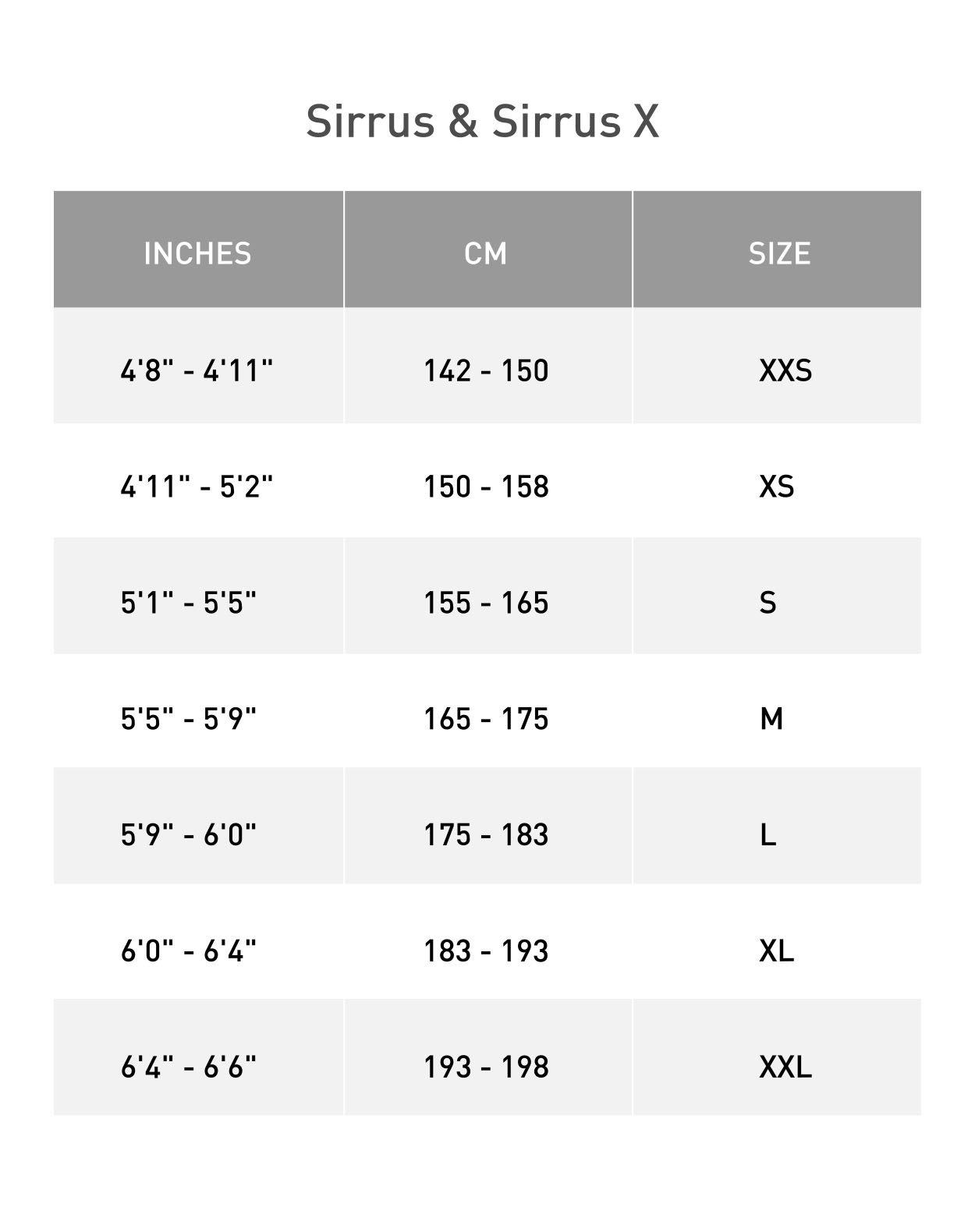 Size guide for Specialized Sirrus X 2.0